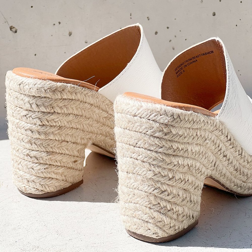 NEW White Faux Leather Espadrille Chunky Platform Wedge Slip On Slides Sandals - Picture 11 of 15